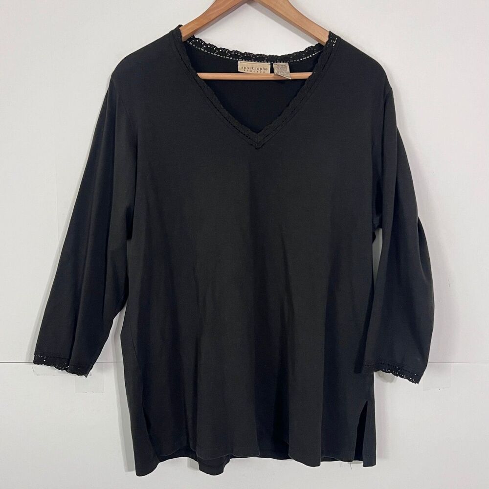 Vintage Apostrophe Womens Shirt Size 16/18W Black Stretch Made In USA V-Neck